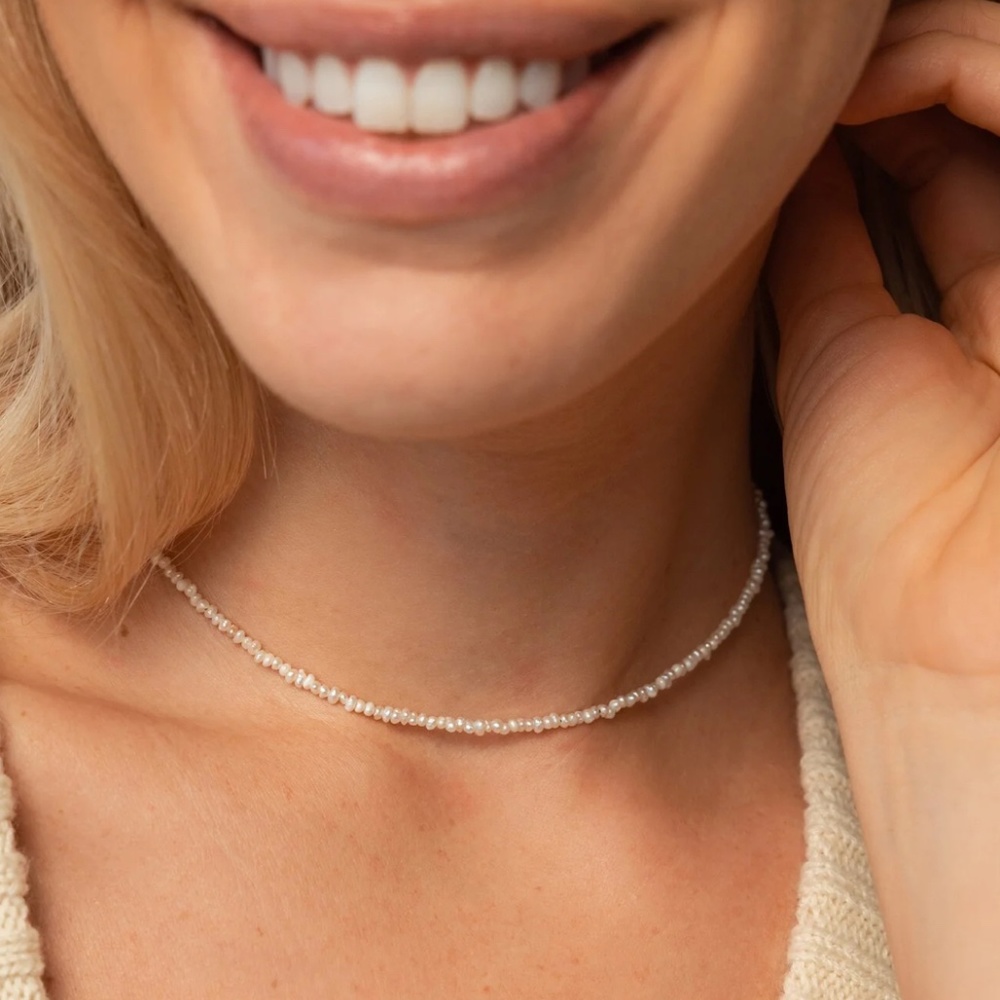 Mini itty bitty rice pearl necklace - 14 inches with 3 inch extender cha…